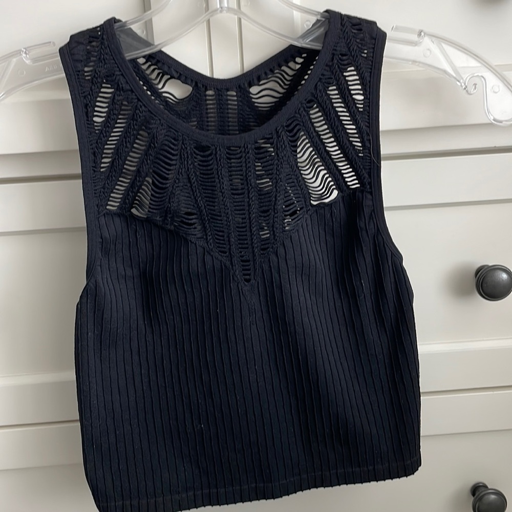 Express One Eleven Women’s Black Ribbed Racerback Crop Top w/ Mesh Detail - Med